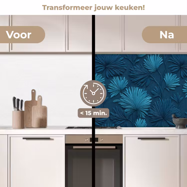 Bladeren - Reliëf - Patroon - Oceaanblauw - Modern keuken achterwand 2 middel 871 -voor-na2_NL