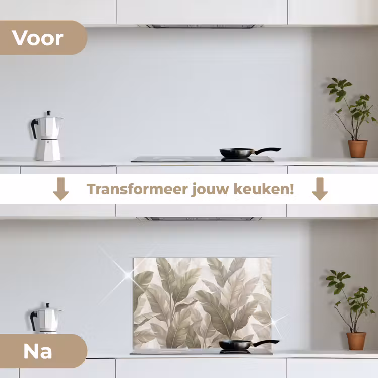 Bladeren - Tropisch - Natuur - Abstract - Beige keuken achterwand spatscherm klein -voor_na_NL