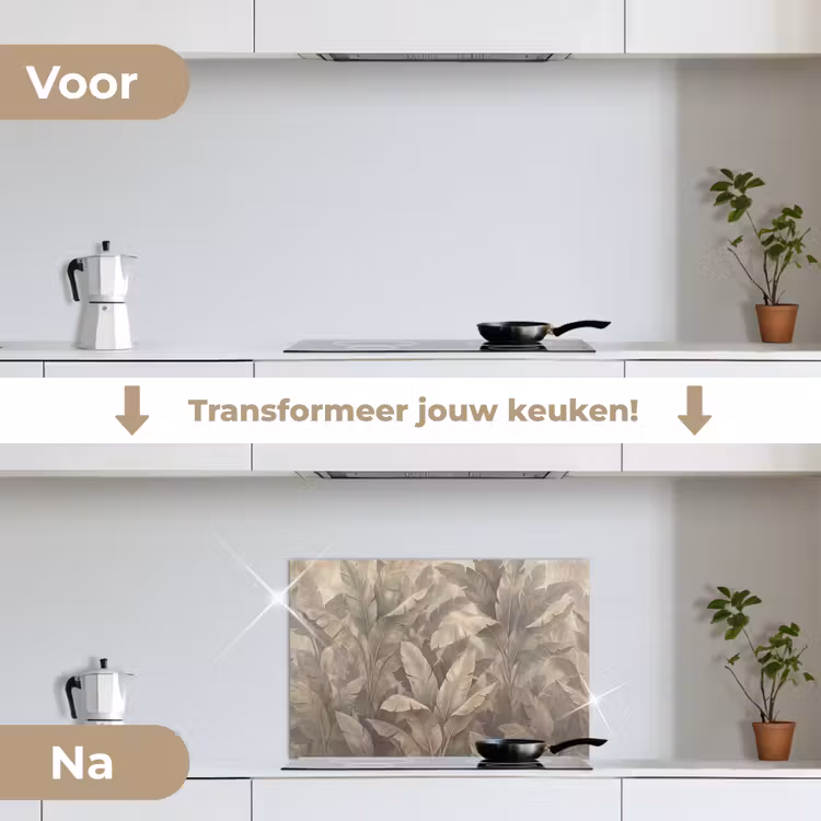 Bladeren - Tropisch - Natuur - Modern - Beige keuken achterwand spatscherm klein -voor_na_NL