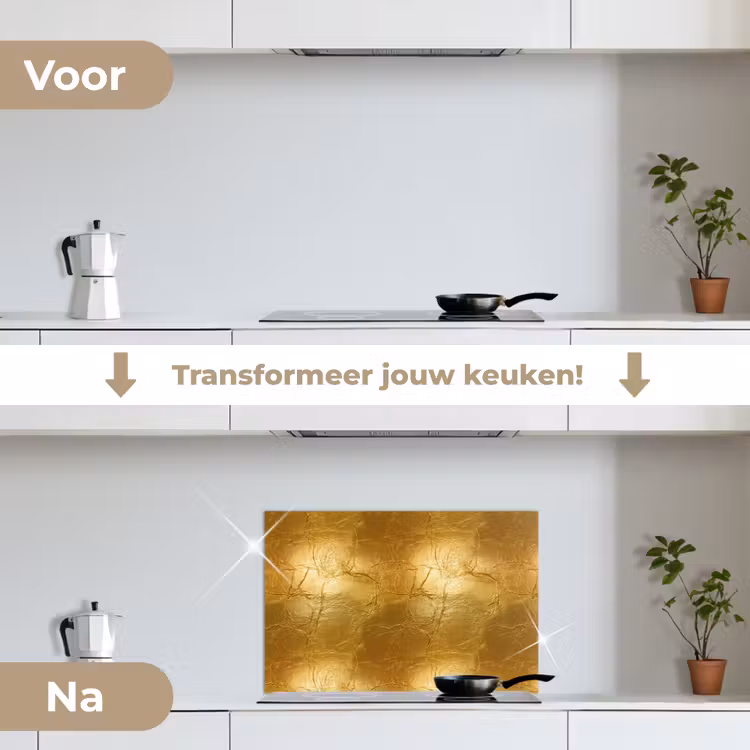 Bladgoud - Vintage - Textuur - Warm Goud keuken achterwand spatscherm klein 900 -voor_na_NL