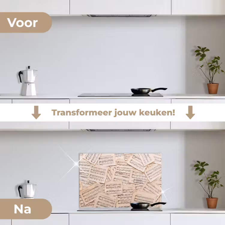 Bladmuziek - Oud - Noten - Vintage - Beige keuken achterwand spatscherm klein -voor_na_NL