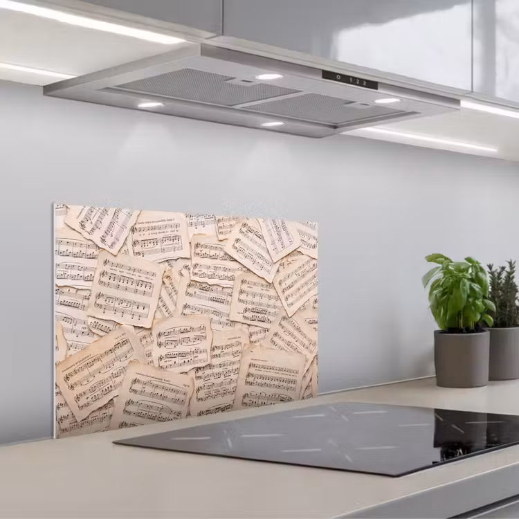 Bladmuziek - Oud - Noten - Vintage - Beige keuken achterwand spatscherm klein -3d_schuin