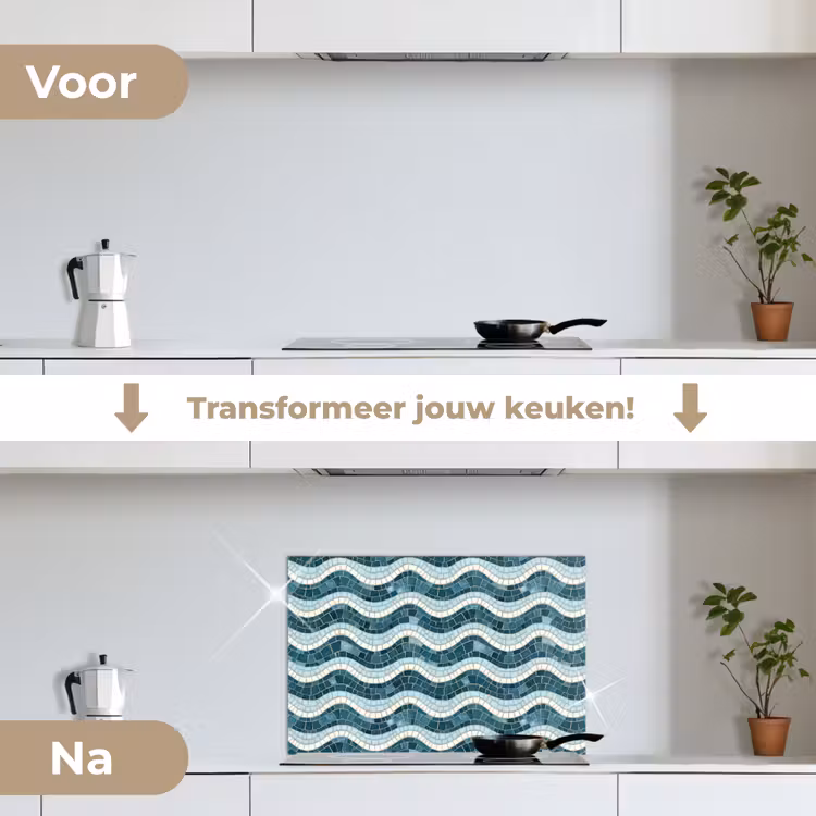Blauw - Wit - Mozaïek - Golvend keuken achterwand spatscherm klein 900 -voor_na_NL