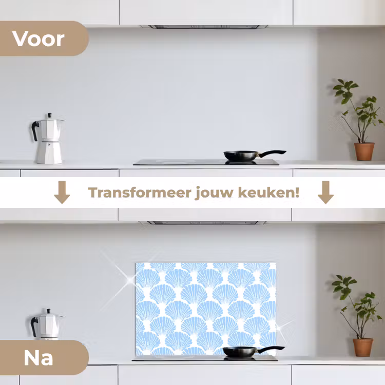 Blauw - Wit - Schelpen - Grafisch - Structuur keuken achterwand spatscherm klein 900 -voor_na_NL