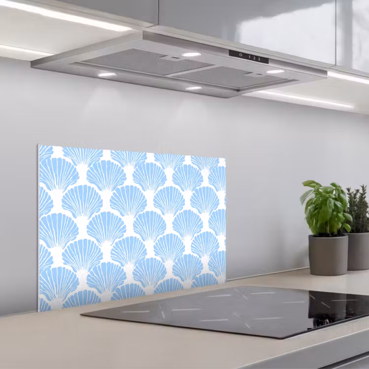 Blauw - Wit - Schelpen - Grafisch - Structuur keuken achterwand spatscherm klein 900 -3d_schuin