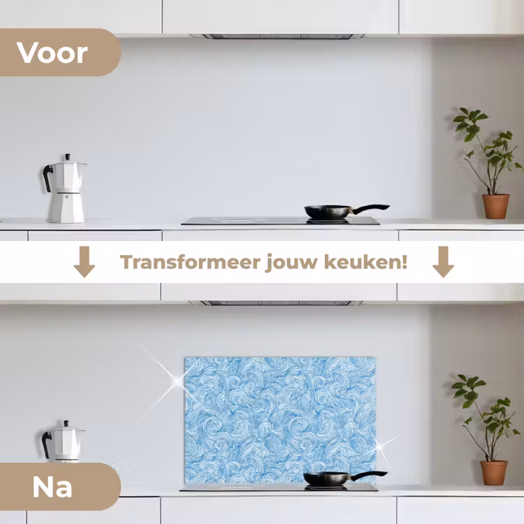 Blauw - Wit - Spiraal - Golven - Lijnen keuken achterwand spatscherm klein 900 -voor_na_NL