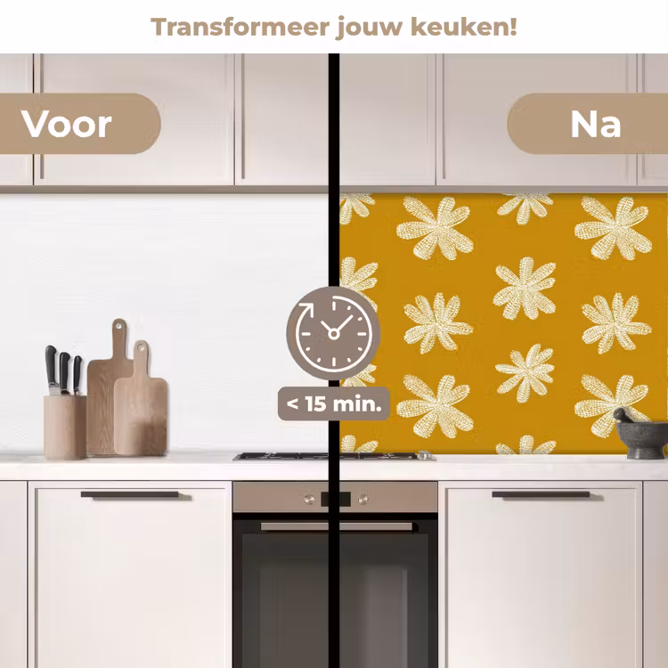 Bloem - Speels - Okergeel keuken achterwand 2 middel 871 -voor-na2_NL