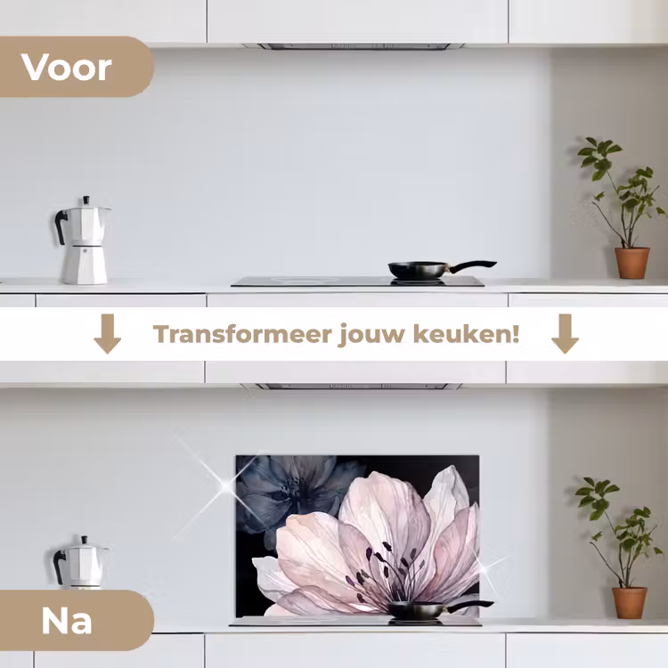 Bloemen - Aquarel - Modern - Roze - Donker keuken achterwand spatscherm klein -voor_na_NL