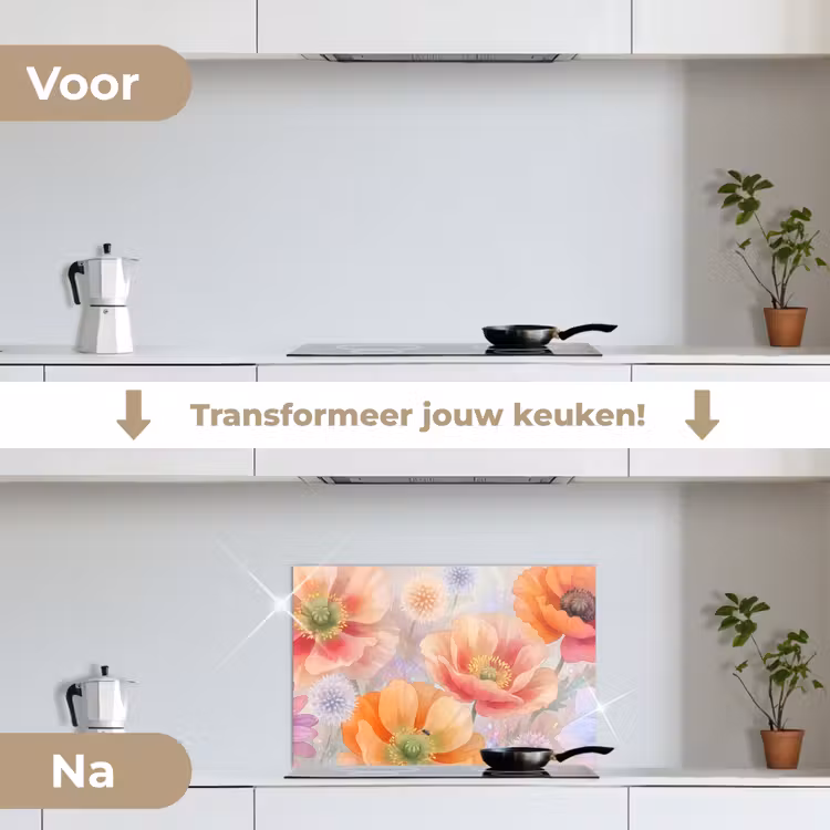 Bloemen - Aquarel - Natuur - Modern - Kleurrijk keuken achterwand spatscherm klein -voor_na_NL