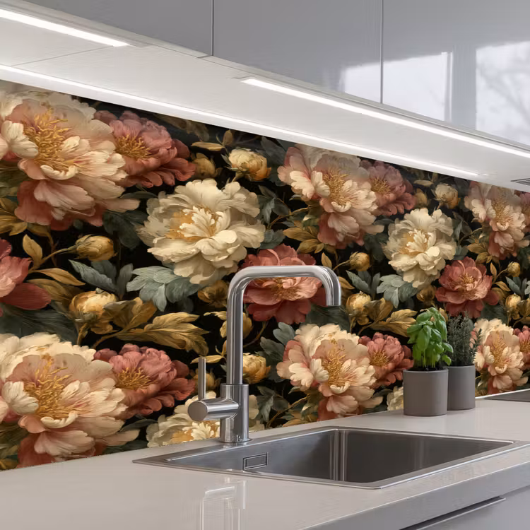 Bloemen - Barok - Patroon - Roze - Crème keuken achterwand 2 middel 871 -3d_schuin