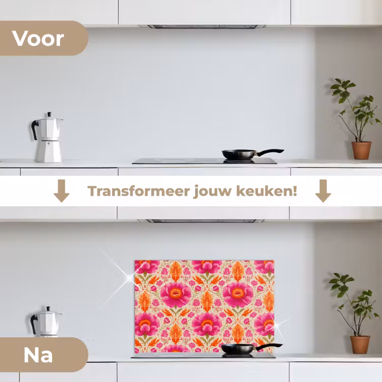 Bloemen - Barok - Roze - Oranje keuken achterwand spatscherm klein 900 -voor_na_NL