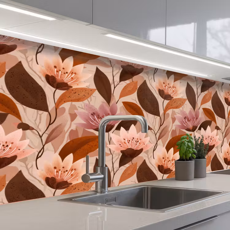 Bloemen - Bladeren - Bruin keuken achterwand 2 middel 871 -3d_schuin