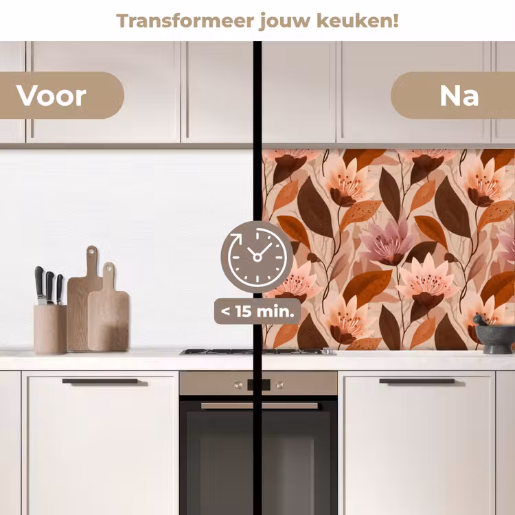 Bloemen - Bladeren - Bruin keuken achterwand 2 middel 871 -voor-na2_NL