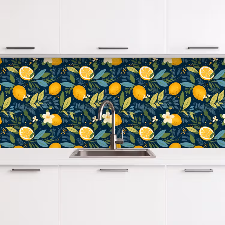 Bloemen - Bladeren - Citroenen - Blauw keuken achterwand 2 middel 871 -3d