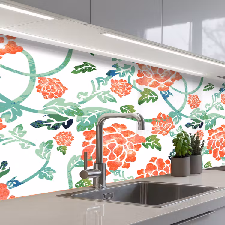 Bloemen - Bladeren - Patronen - Waterverf keuken achterwand 2 middel 871 -3d_schuin