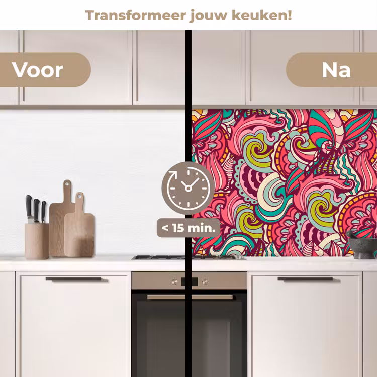 Bloemen - Bladeren - Regenboog - Hippie - Design keuken achterwand 2 middel 871 -voor-na2_NL