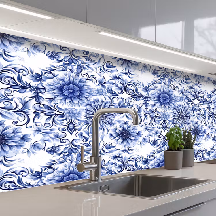 Bloemen - Blauw - Patroon - Wit keuken achterwand 2 middel 871 -3d_schuin