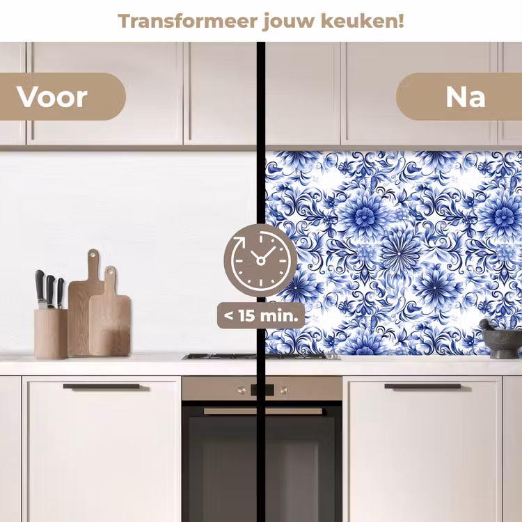 Bloemen - Blauw - Patroon - Wit keuken achterwand 2 middel 871 -voor-na2_NL