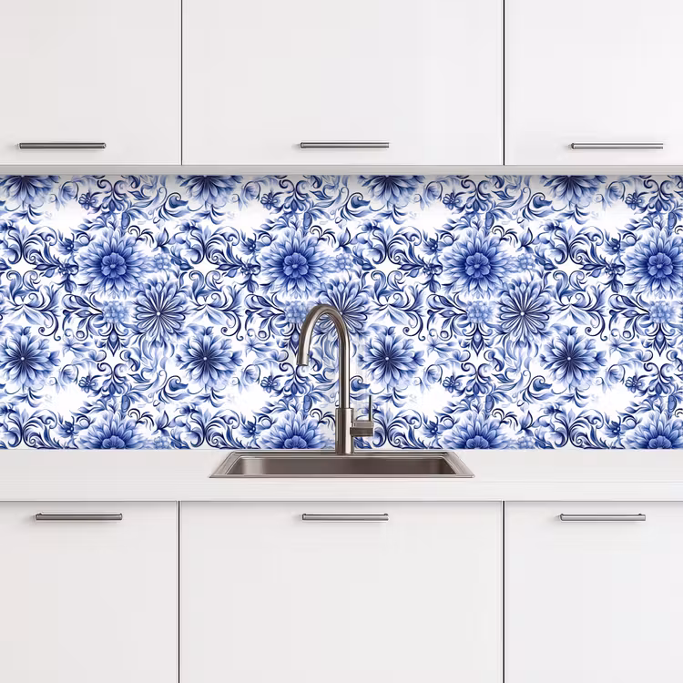 Bloemen - Blauw - Patroon - Wit keuken achterwand 2 middel 871 -3d