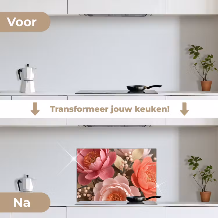 Bloemen - Bloesem - Zacht - Koraal - Decoratie keuken achterwand spatscherm klein -voor_na_NL