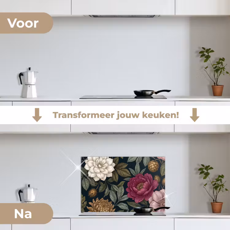 Bloemen - Botanisch - Illustratie - Donker - Vintage keuken achterwand spatscherm klein -voor_na_NL