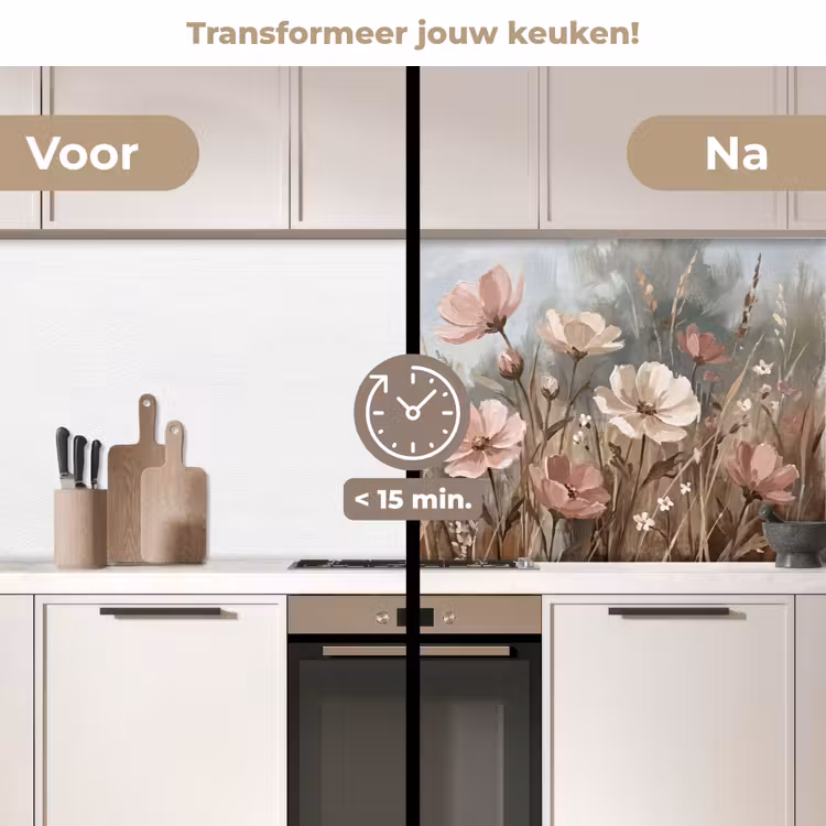 Bloemen - Botanisch - Schilderij - Pastel - Rustiek keuken achterwand 2 middel -voor-na2_NL