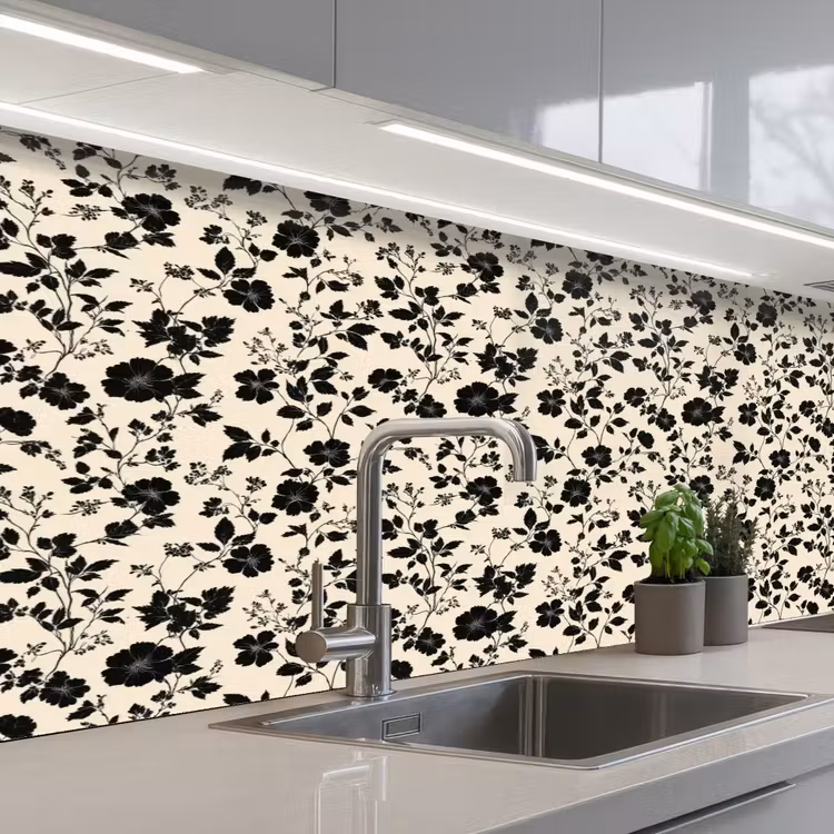 Bloemen - Dessin - Zwart keuken achterwand 2 middel 871 -3d_schuin