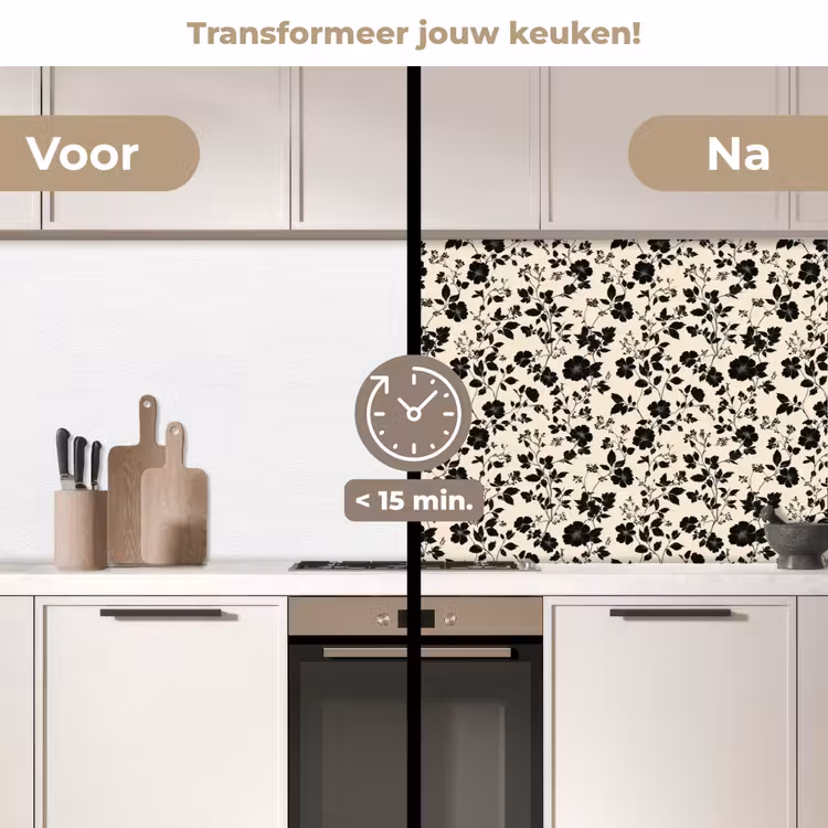 Bloemen - Dessin - Zwart keuken achterwand 2 middel 871 -voor-na2_NL