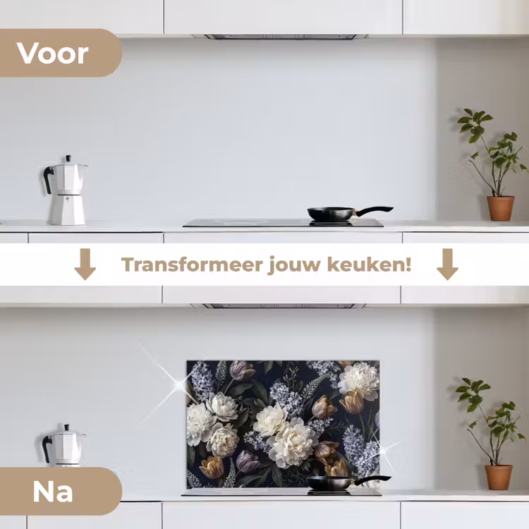 Bloemen - Donker - Elegant - Natuur - Wit keuken achterwand spatscherm klein -voor_na_NL