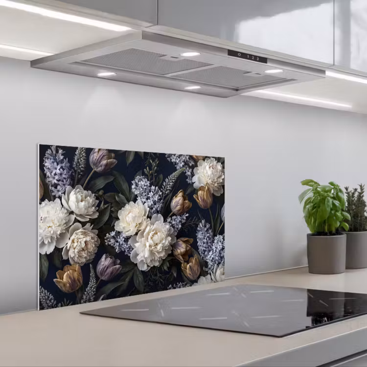 Bloemen - Donker - Elegant - Natuur - Wit keuken achterwand spatscherm klein -3d_schuin