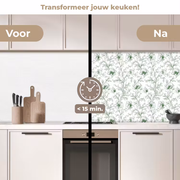 Bloemen - Getekend - Groen keuken achterwand 2 middel 871 -voor-na2_NL