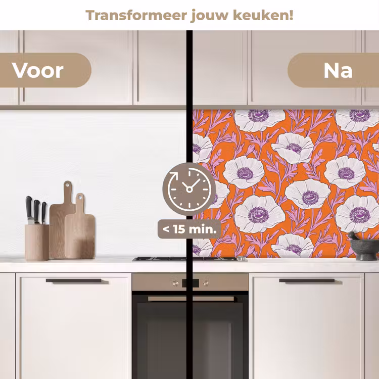 Bloemen - Grafisch - Oranje keuken achterwand 2 middel 871 -voor-na2_NL