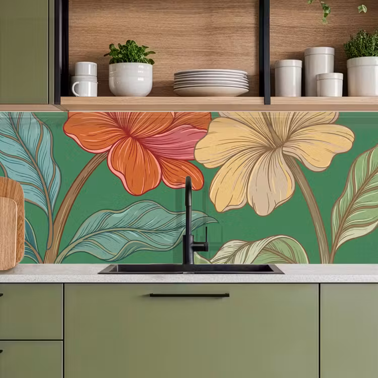 Keuken achterwand - Bloemen - Groen - Illustratie - Bloemen - Groen - Illustratie keuken achterwand 2 middel