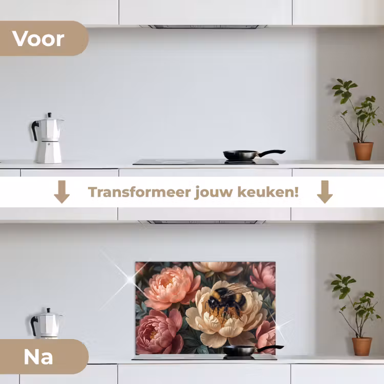 Bloemen - Insect - Natuur - Roze keuken achterwand spatscherm klein -voor_na_NL