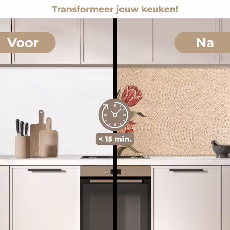 Bloemen - Mozaïek - Rood - Groen - Kunst keuken achterwand 2 middel -voor-na2_NL
