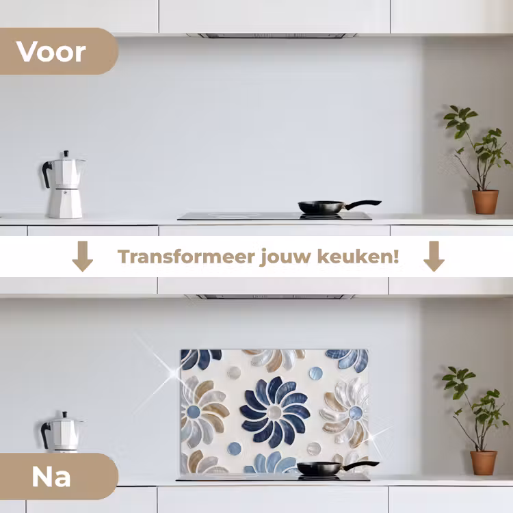 Bloemen - Parelmoer - Abstract - Patroon - Blauw keuken achterwand spatscherm klein -voor_na_NL