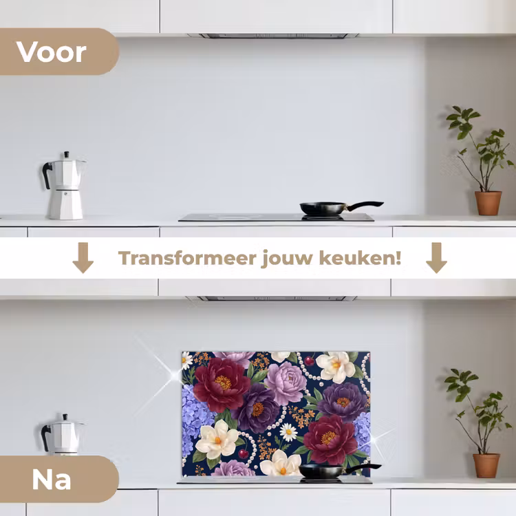 Bloemen - Parels - Decoratie - Modern - Blauw keuken achterwand spatscherm klein -voor_na_NL