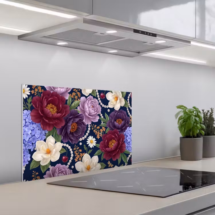 Bloemen - Parels - Decoratie - Modern - Blauw keuken achterwand spatscherm klein -3d_schuin