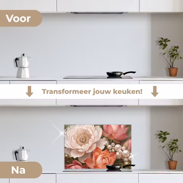 Bloemen - Parels - Elegant - Roze - Wit keuken achterwand spatscherm klein -voor_na_NL