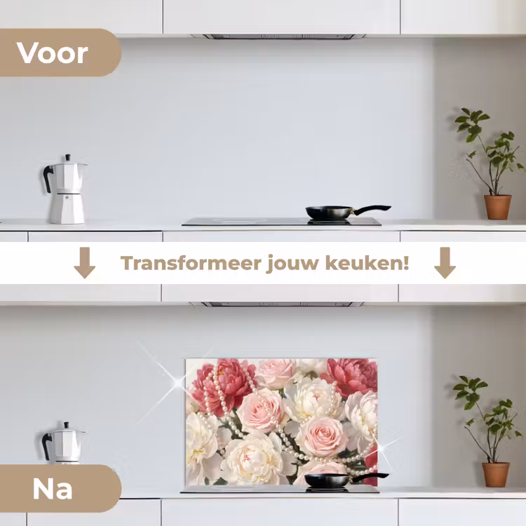 Bloemen - Parels - Romantiek - Klassiek - Roze keuken achterwand spatscherm klein -voor_na_NL