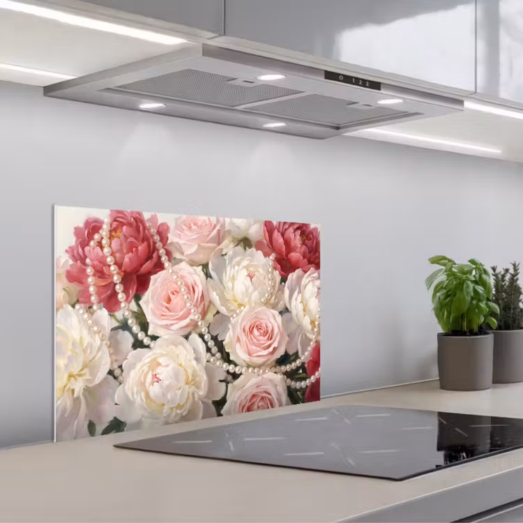 Bloemen - Parels - Romantiek - Klassiek - Roze keuken achterwand spatscherm klein -3d_schuin