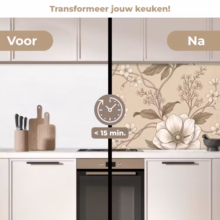 Bloemen - Patroon - Beige keuken achterwand 2 middel -voor-na2_NL
