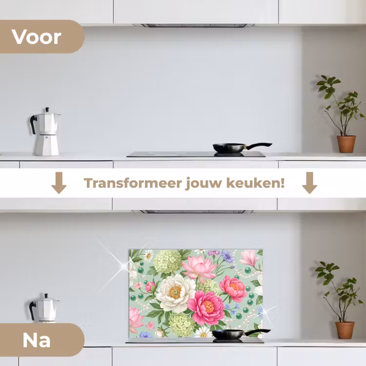 Bloemen - Patroon - Botanisch - Groen keuken achterwand spatscherm klein -voor_na_NL