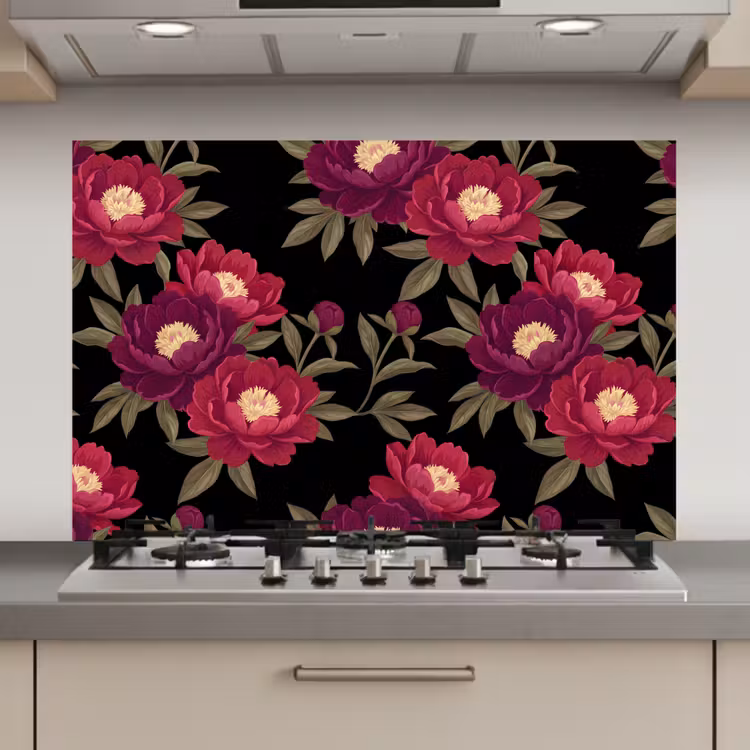 Bloemen - Patroon - Botanisch - Rood - Zwart keuken achterwand spatscherm klein -3d_website