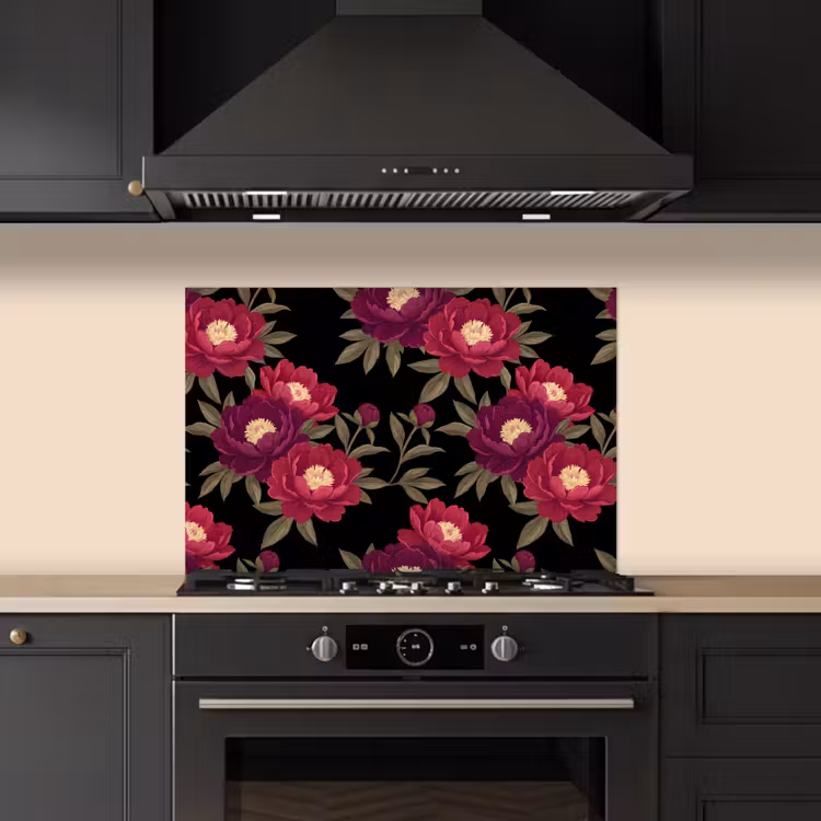 Bloemen - Patroon - Botanisch - Rood - Zwart keuken achterwand spatscherm klein -sfeer1