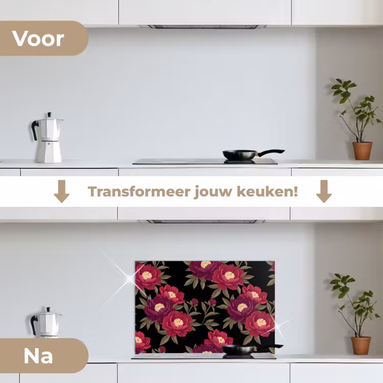 Bloemen - Patroon - Botanisch - Rood - Zwart keuken achterwand spatscherm klein -voor_na_NL