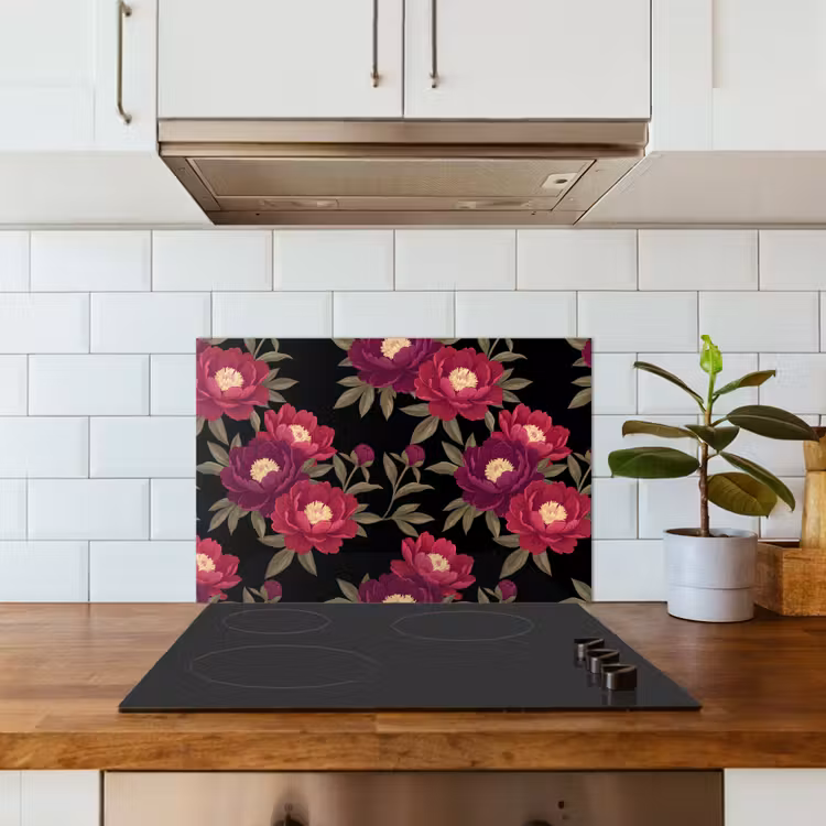 Bloemen - Patroon - Botanisch - Rood - Zwart keuken achterwand spatscherm klein -sfeer2