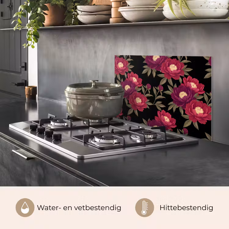 Bloemen - Patroon - Botanisch - Rood - Zwart keuken achterwand spatscherm klein -usp_NL