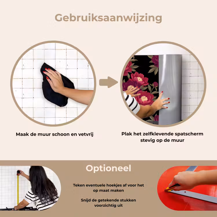Bloemen - Patroon - Botanisch - Rood - Zwart keuken achterwand spatscherm klein -gebruiksaanwijzing_NL