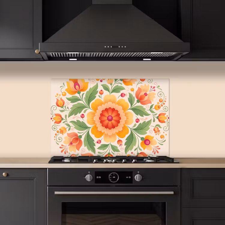 Bloemen - Patroon - Decoratief - Oranje keuken achterwand spatscherm klein -sfeer1